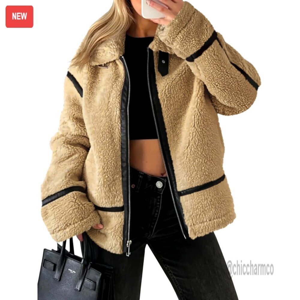 Faux Fur Sherpa Moto Jacket Cropped Oversized Patchwork Leather Zip Up Coat